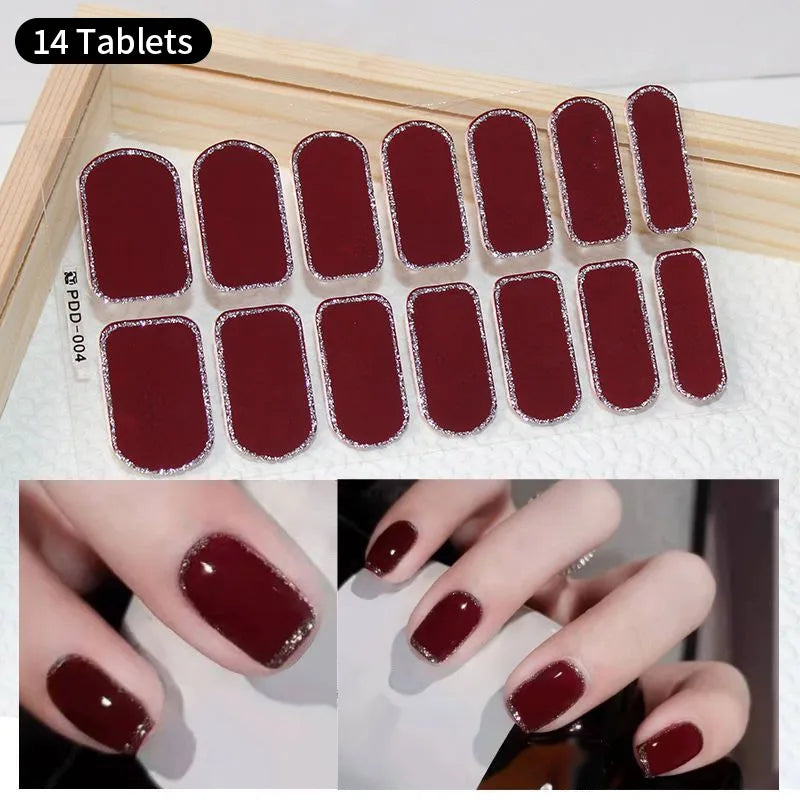 16 Tipps weinrote Nagelaufkleber, langlebig, einfarbig, volle Nagelfolien, selbstklebender Slider, Nagelkunst, DIY-Aufkleber, Maniküre-Dekor