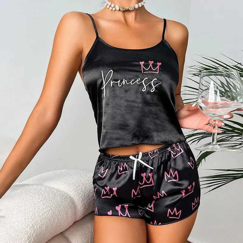 Pyjamas Damen Sexy Dessous Satin Nachtwäsche Seide Cami Shorts Set Weiche Schlaf Pjs 2-teilige Nachtwäsche Print Pyjamas Mujer Homewear