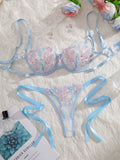 Lady Floral Stickerei Dessous Set Frauen Sheer BH und Slip Unterwäsche Set Satin Sexy Dessous Unterwäsche