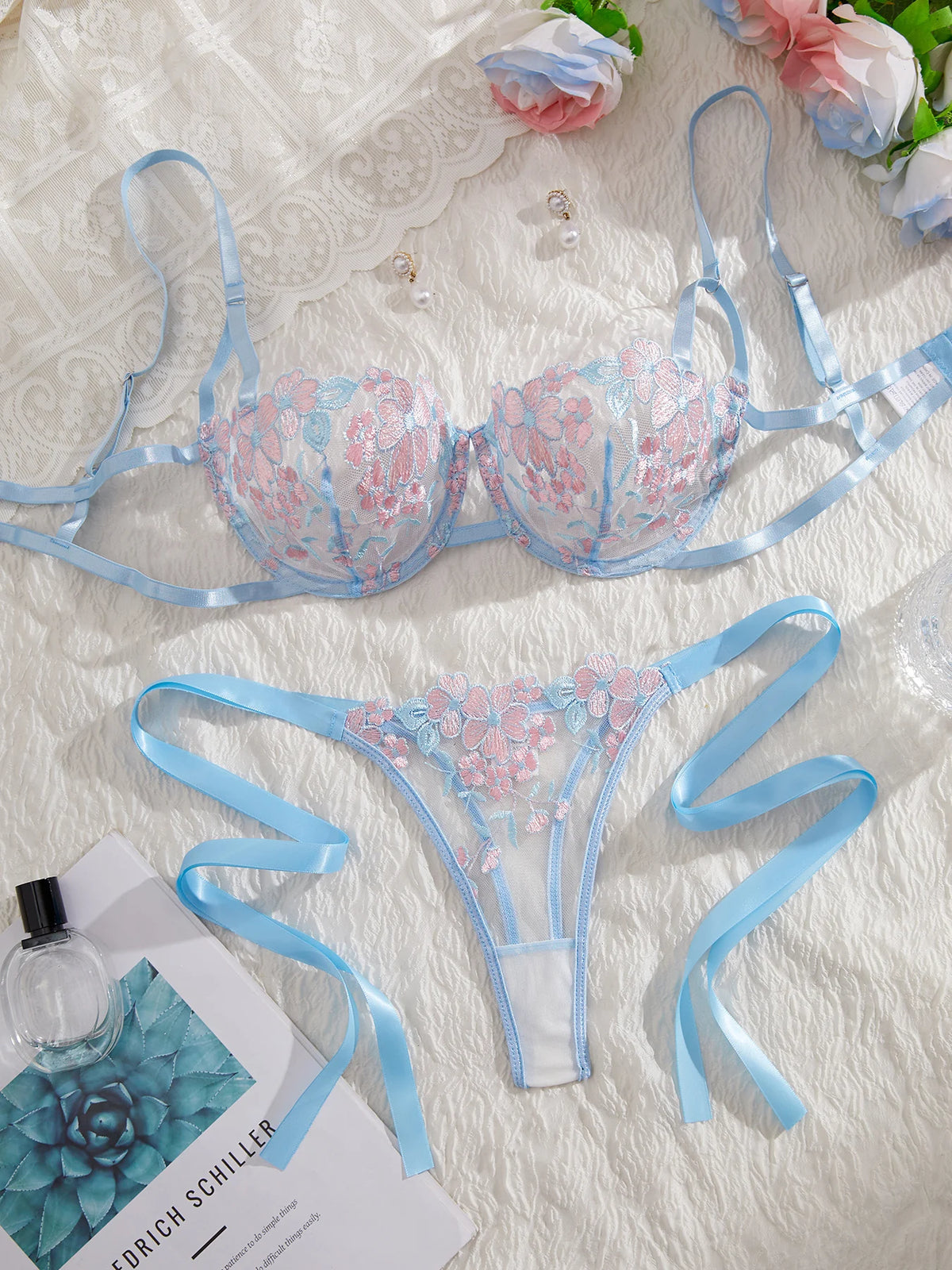 Lady Floral Stickerei Dessous Set Frauen Sheer BH und Slip Unterwäsche Set Satin Sexy Dessous Unterwäsche