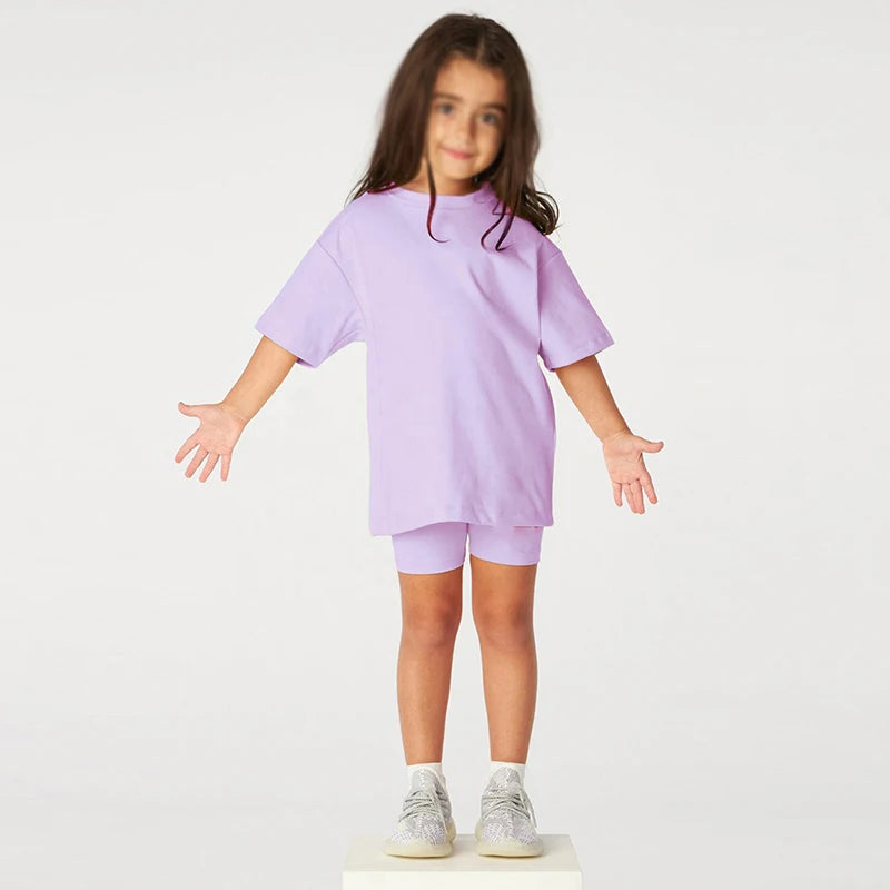 Neuheit Kleine Kinder Baby Mädchen Kleidung 2 Stück Trainingsanzug Set Übergroßen Kurzarm Baumwolle T-shirt + Leggins Shorts Sport Anzug