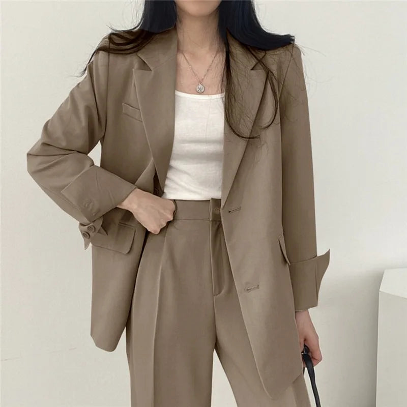 Koreanisches Damenmode-Zweiteiler-Set, Langarm-Blazer und weit geschnittene Hose, Büro, Freizeit, lockerer Schnitt, Frühling, Herbst, neuer Stil