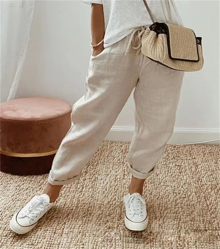 Einfarbig Kordelzug Elastische Taille Frauen Hosen Sommer Plus Größe Beiläufige Breite Bein Hosen Weibliche Lose Elegante Oversize Hosen