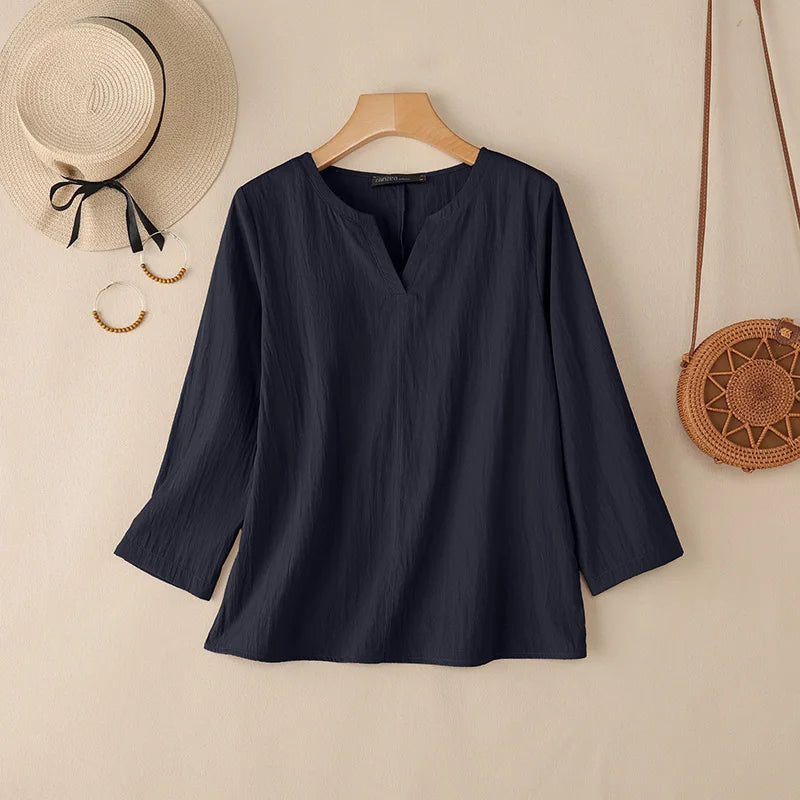 2025ZANZEA Herbst Bluse Frauen V-ausschnitt Langarm Tops Casual Solide Lose Hemd Weibliche OL Arbeit Blusen Retro Tunika Blusas Mujer