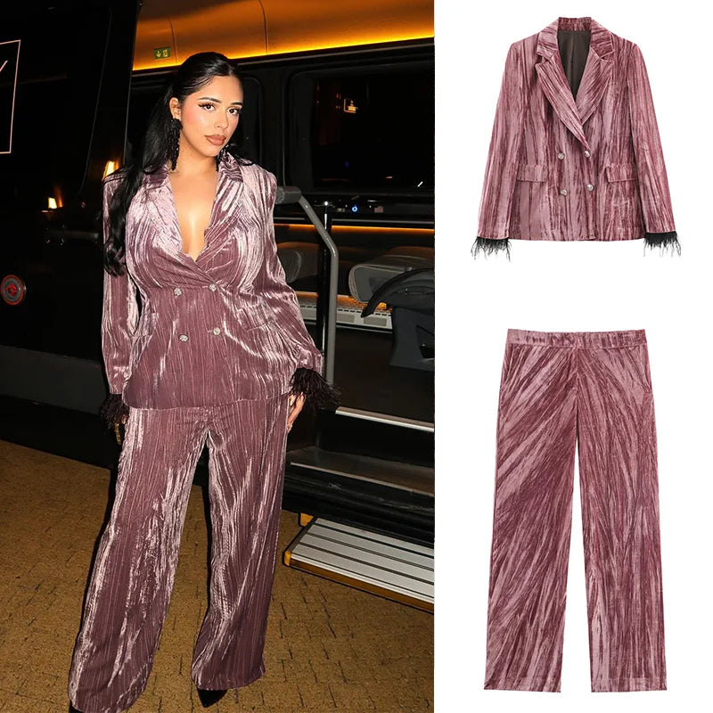 2026 neue Frauen Rosa Blazer Hosen Set Langarm Feder Design Anzug + Pendeln Frau Gerade Hosen Straße Samt material Trendy