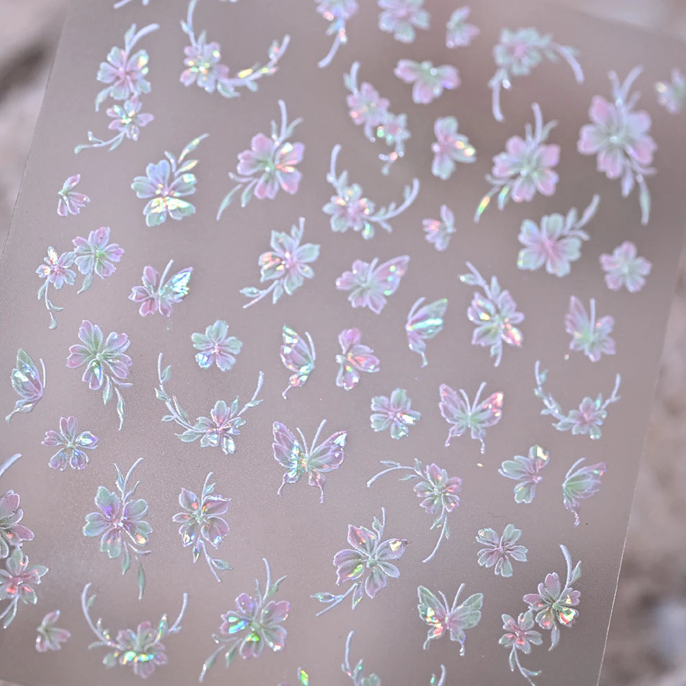 1 Stück 5D Aurora Schmetterling Blumen Nagelaufkleber Muschel-Licht Selbstklebende Nagelsticker für Sommer Frühling DIY Maniküre & Geschenke