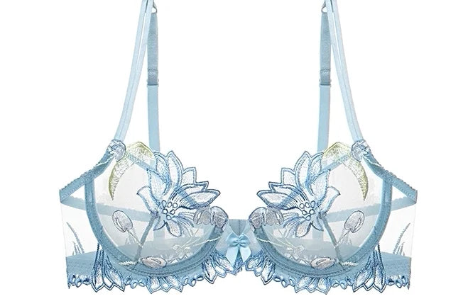 Eleganter Kirschblüten-Stickerei-Spitzen-Bügel-BH, ultradünn, Minimizer, stützend, Anti-Sagging, seitlich glättend für große Brüste, Größen 32-38, Set