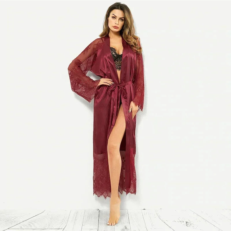 Nachtwäsche Damen Bademantel Sexy Dessous Spitze Satin Kimono Schlaf Langes Kleid Roben Pyjamas Nachthemd