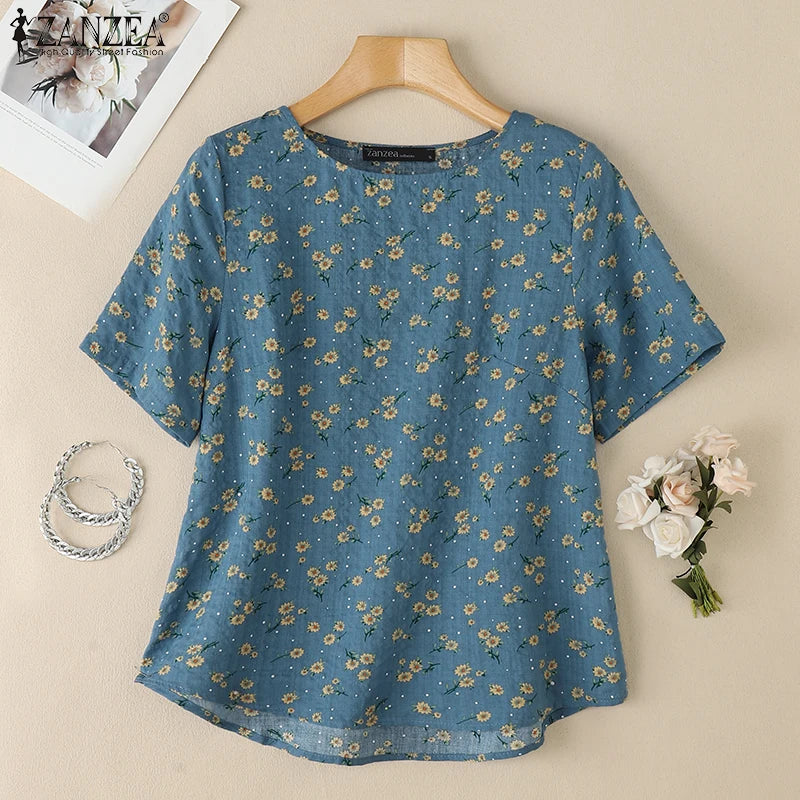 2026 ZANZEA Sommer Bedruckte Bluse Damen Lässige Halbarm-Blumen-Tunika-Oberteile O-Ausschnitt Arbeitshemd Bohemian Loose Fit Urlaubsblusen