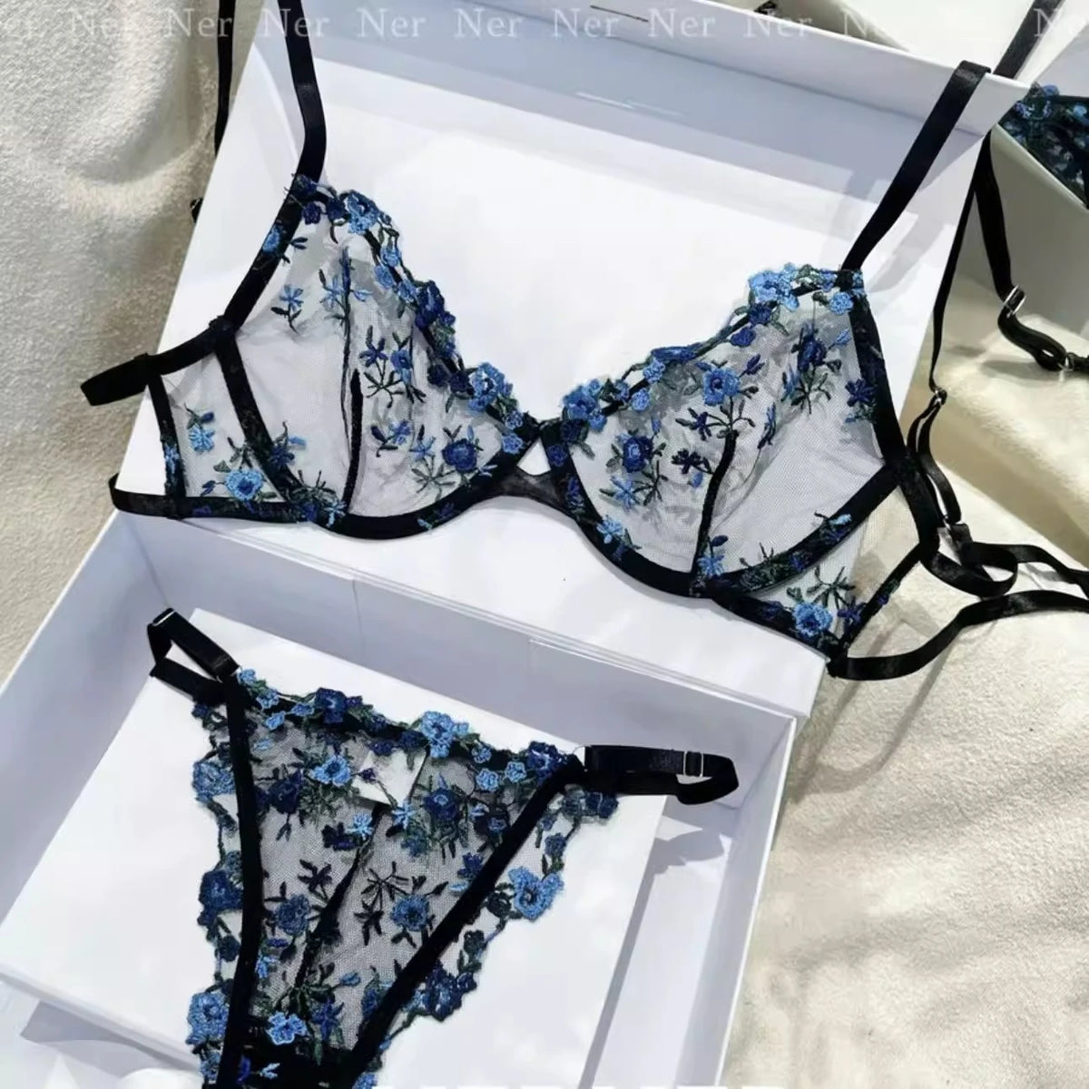 Französisches Blumen-BH-Set für Damen |   Süßes sexy transparentes Mesh-Spitze-Set, transparentes Unterwäsche-Set |   Praktisches und feminines MOYISU Sexy Höschen-Set