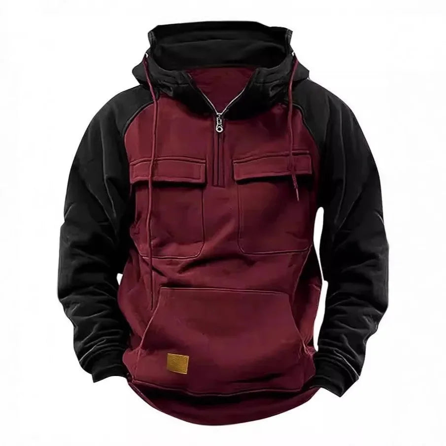 Herren Hoodie Sweatshirt Reißverschlusstaschen Arbeitskleidung Retro Farbblock Wintersport Flügelärmel Lose Passform Lässige Streetwear