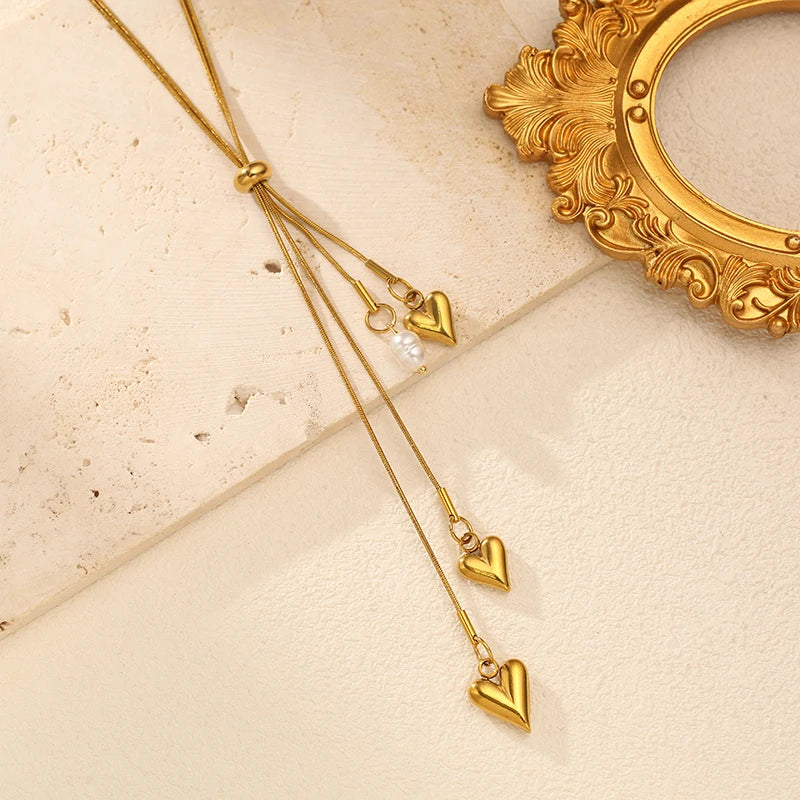 EILIECK Damen-Halskette mit Herz-Anhänger, Y-förmig, 18 Karat vergoldete Edelstahl-Halskette, täglich wasserfester Schmuck