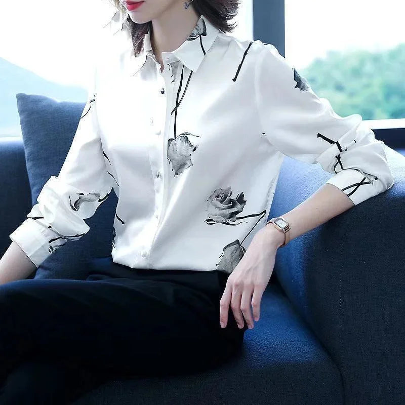 Frau Frühling Herbst Stil Blusen Hemden Dame lässig Langarm Turn-Down Kragen Blume gedruckt Blusas Tops