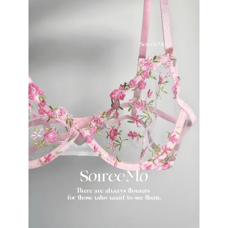 Kawaii japanisches Dessous-Set aus transparentem Tüll, rosa Blumenstickerei-BH, Bralette, reines passendes Set, BANERDANNI Tushy-BHs
