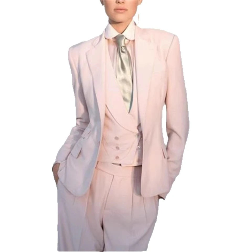 Büro-Damen-Hosenanzüge Rosa Damen Business Klassischer Einknopf-Blazer mit Schlaghose Weste Hose Dreiteiliges Set Formeller Anzug