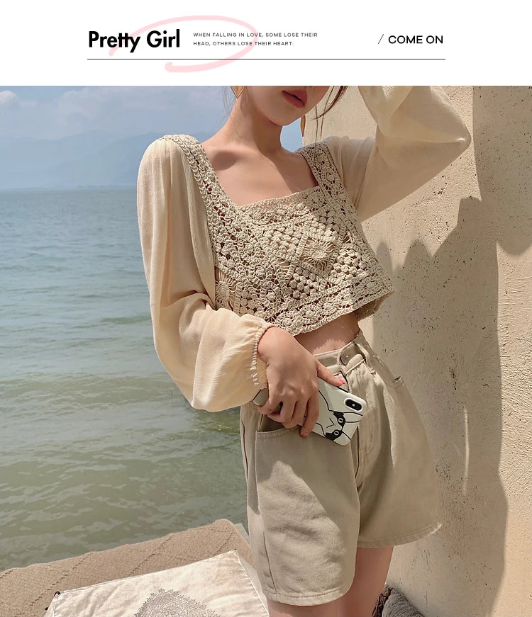 2026 Sommer Langarm Vintage National Trend Damenbekleidung Ausgehöhlte Spitze Patchwork Chiffon Hemden Damen Blusen Großhandel