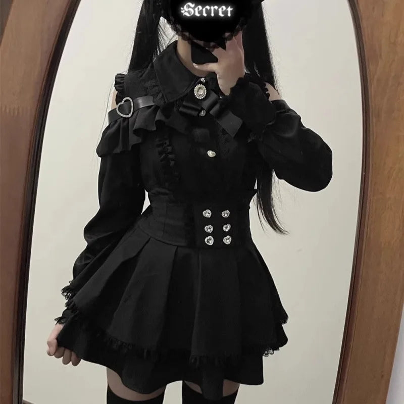 Damen-Lolita-Set, dunkles Femme-Mesh-Oberteil und Taillenrock, 2025, japanischer Herbst-Street-Style-Koord für Gothic-Baddie-Mode
