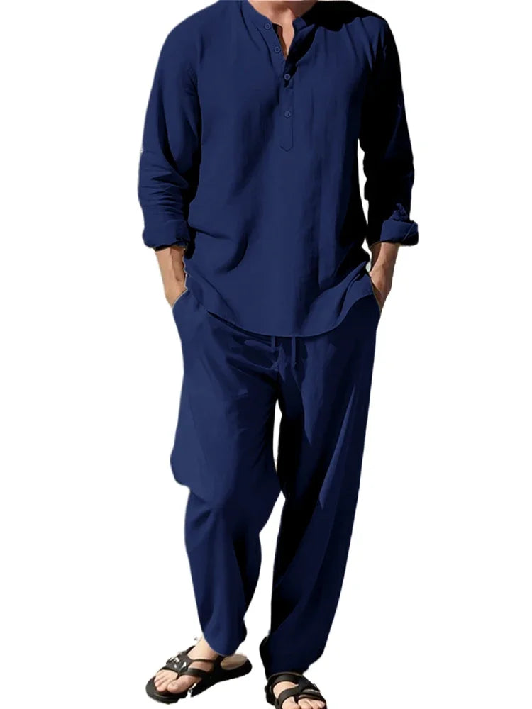 2-teiliges Hemd-Hosen-Set, langärmeliges Henry-Hemd, Hosenanzug, Sinn für Textur, Urlaub, leicht, atmungsaktiv, drapiert, Herrenbekleidung