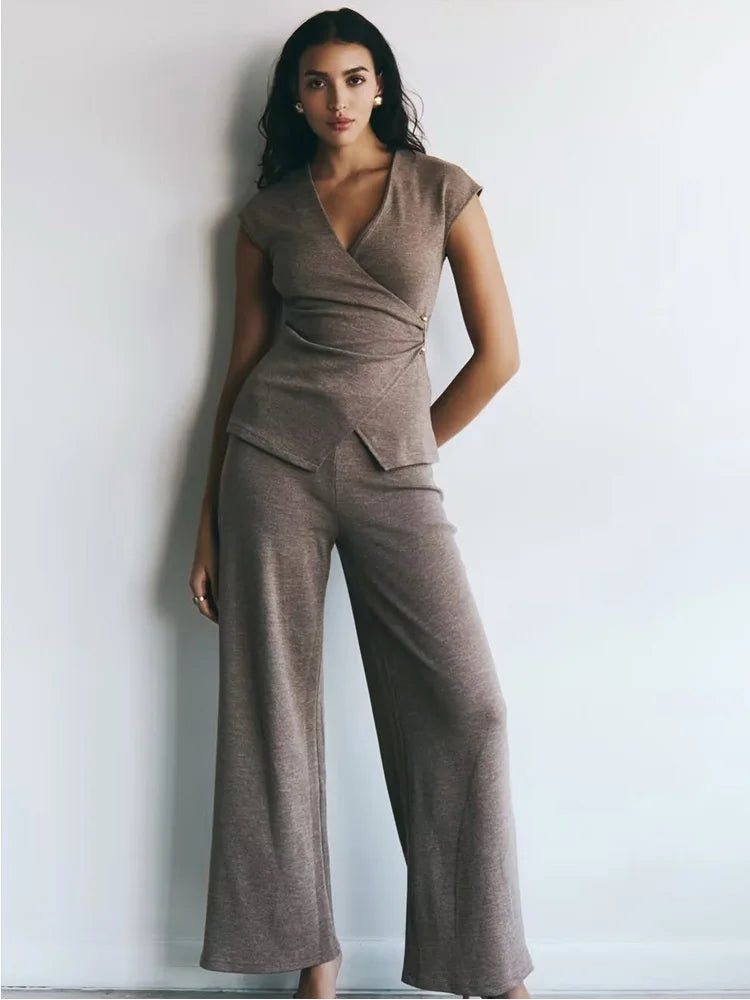 HXAO Hosen-Sets, Damen-Anzug, Falten, Oberteil, Sporthose, Trainingsanzug, Sommer, zweiteiliges Set, Sportbekleidung, elegant, lässig, weiblich, 2-teiliges Set