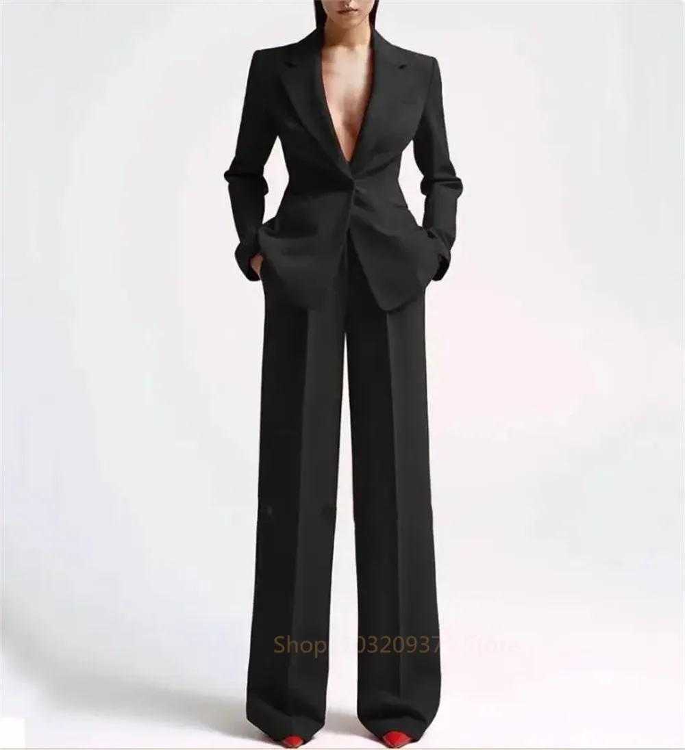Schwarzer Blazer mit einem Knopf + Anzug mit weitem Bein für Damen, einfarbig, V-Ausschnitt, lockerer, lässiger Hosenanzug für Damen, Conjunto Femininos