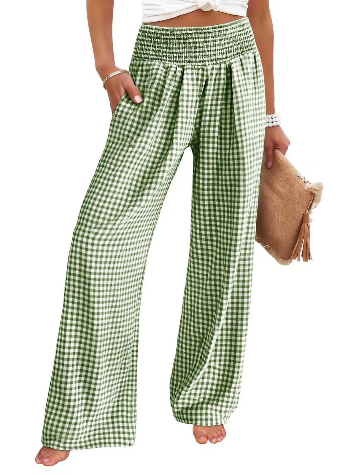2025, Frühling und Herbst, neue Freizeithose, kariert, locker, grenzüberschreitend, Damenmode, lässig, elastische Taille, weites Bein