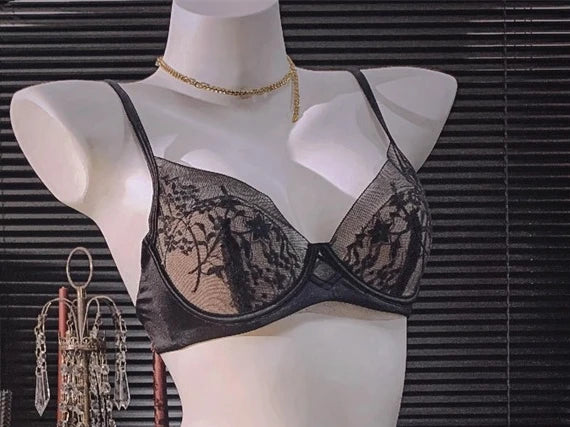 Sexy Spitzen-BH und Höschen-Set, Push-Up-Minimizer, tiefer Bügel, Demi-Cup für Damen, Partykleidung, durchsichtiges Push-Up-Minimizer-BH-Set aus Satin
