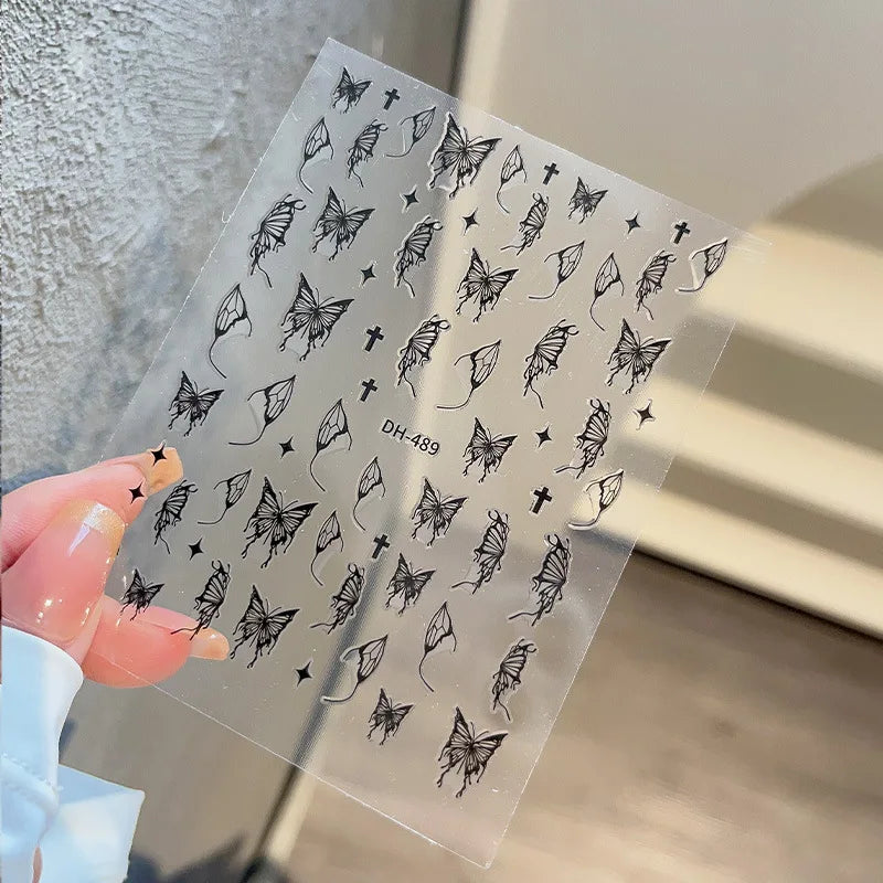 1PCS Schwarz Weiß Schmetterling Laser Nagel Aufkleber Y2K Nail art Dekoration Abstrakte Linien Bronzing Blumen Aufkleber Für Nägel