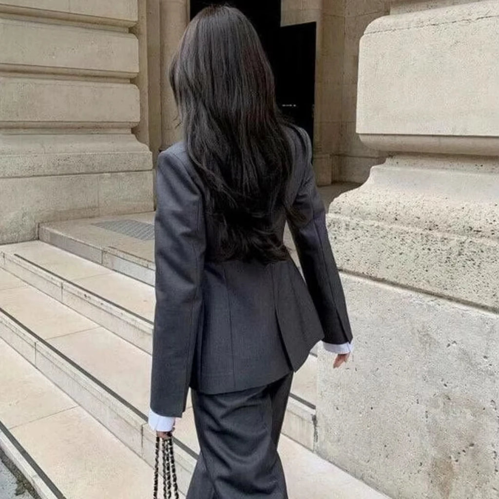 Damenanzug, 2-teilig, dunkelgrau, einfarbig, locker geschnitten, für Hochzeit, Party, Business, Arbeit, Büro, Pendeln, Alltag, Blazer und Hose