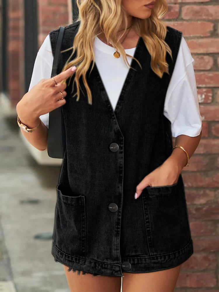 Benuynffy Vintage Große V-ausschnitt Denim Weste Frauen Frühling Sommer Gewaschen Casual Taschen Ärmellose Jeans Jacken Weibliche Lose Outwear