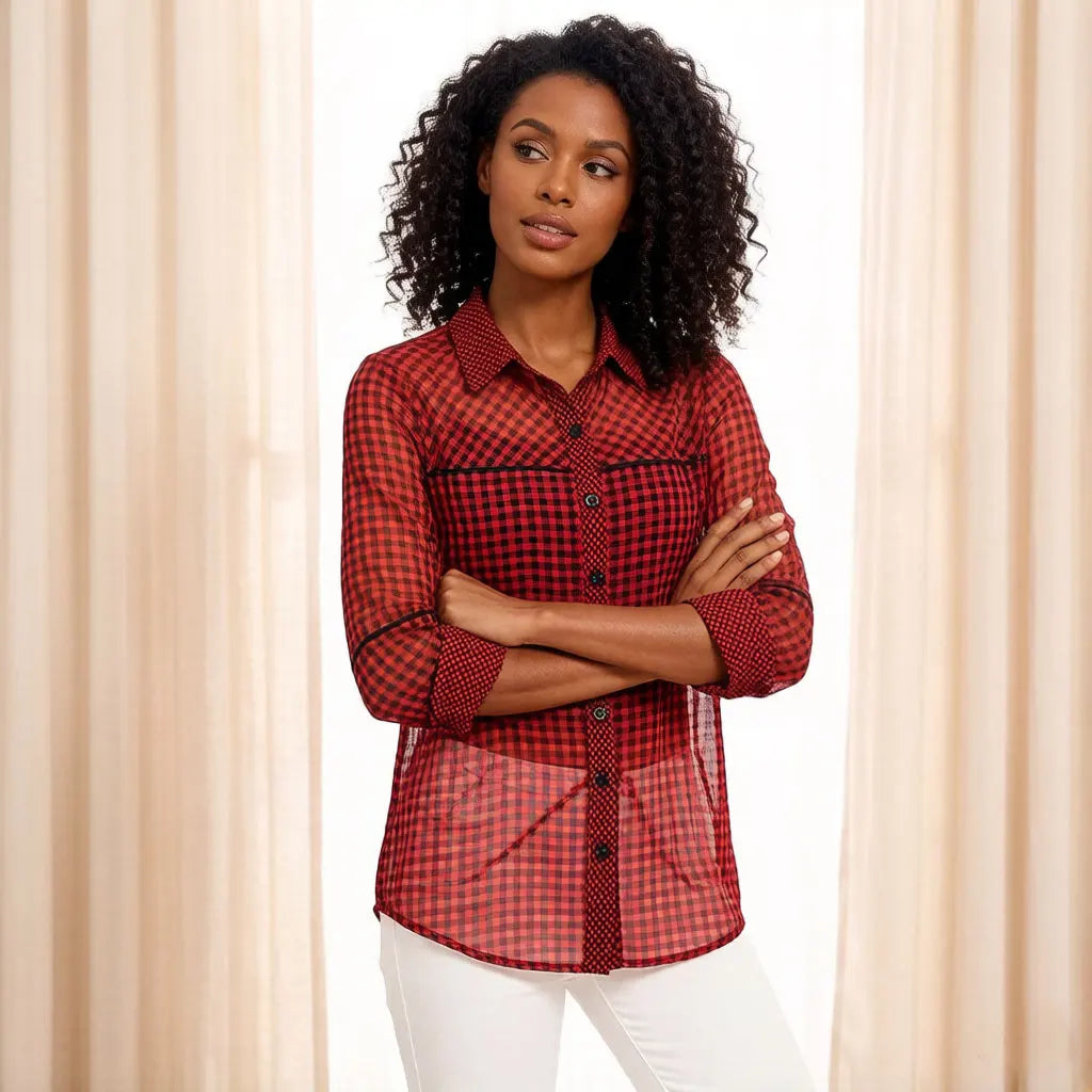 Damen Bluse mit rotem und schwarzem Karomuster, Vichy-Gingham-Mesh-Splicing-Hemd, langärmliges Chiffon-Oberteil mit kontrastierendem Besatz, lockere Passform, lässig, Sommer