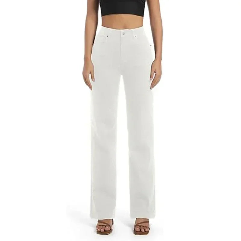 2025 Dame Chic Mode Gerade Bein Jeans Frauen Slim Fit Stretch Hohe Taille Denim Hosen Weibliche Retro Rosa Beige Günstige Hosen