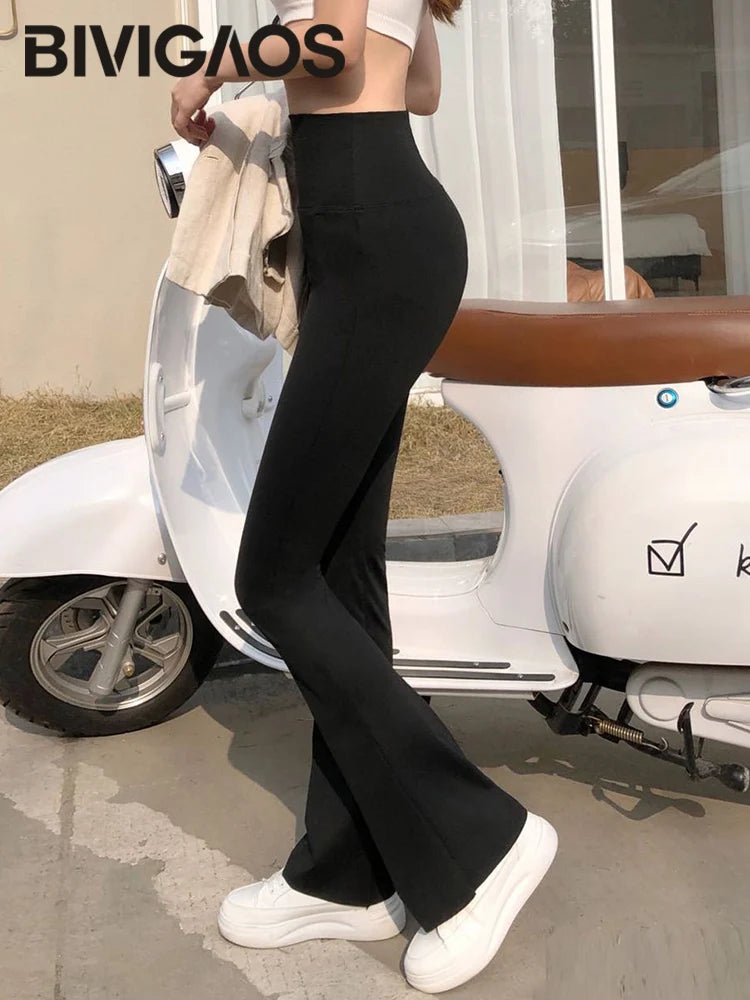 BIVIGAOS Frauen Shark Ausgestellte Hosen Schwarz Elastische Dünne Hohe Taille Sexy Hufeisen Hosen Micro Casual Mode Ausgestellte Leggings