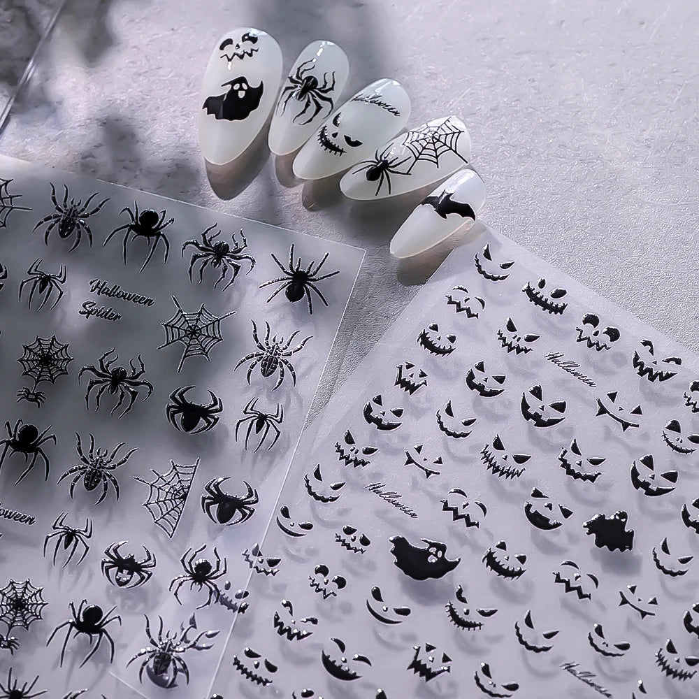 5D Halloween Geist Fledermaus Kürbis Nagel Aufkleber Glänzende Spinne Skelett Vintage Kreuz Nagel Aufkleber Halloween Gruselige Nagel Slider Decora