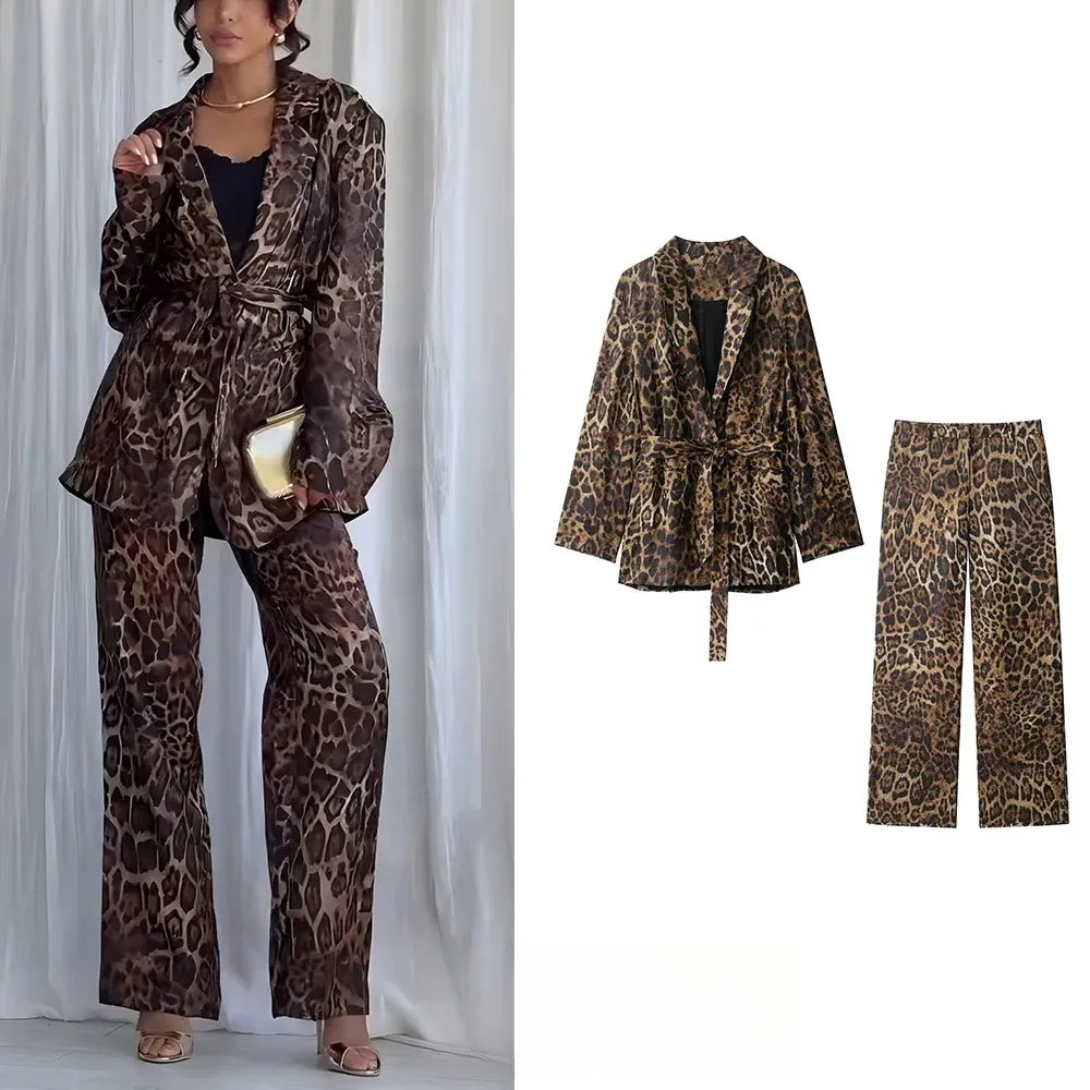 KONDALA Vintage Leopardenmuster Damenanzüge V-Ausschnitt Schärpen Langarm Übergroßer Blazer + Hose mit weitem Bein Mode 2025, Herbstanzüge