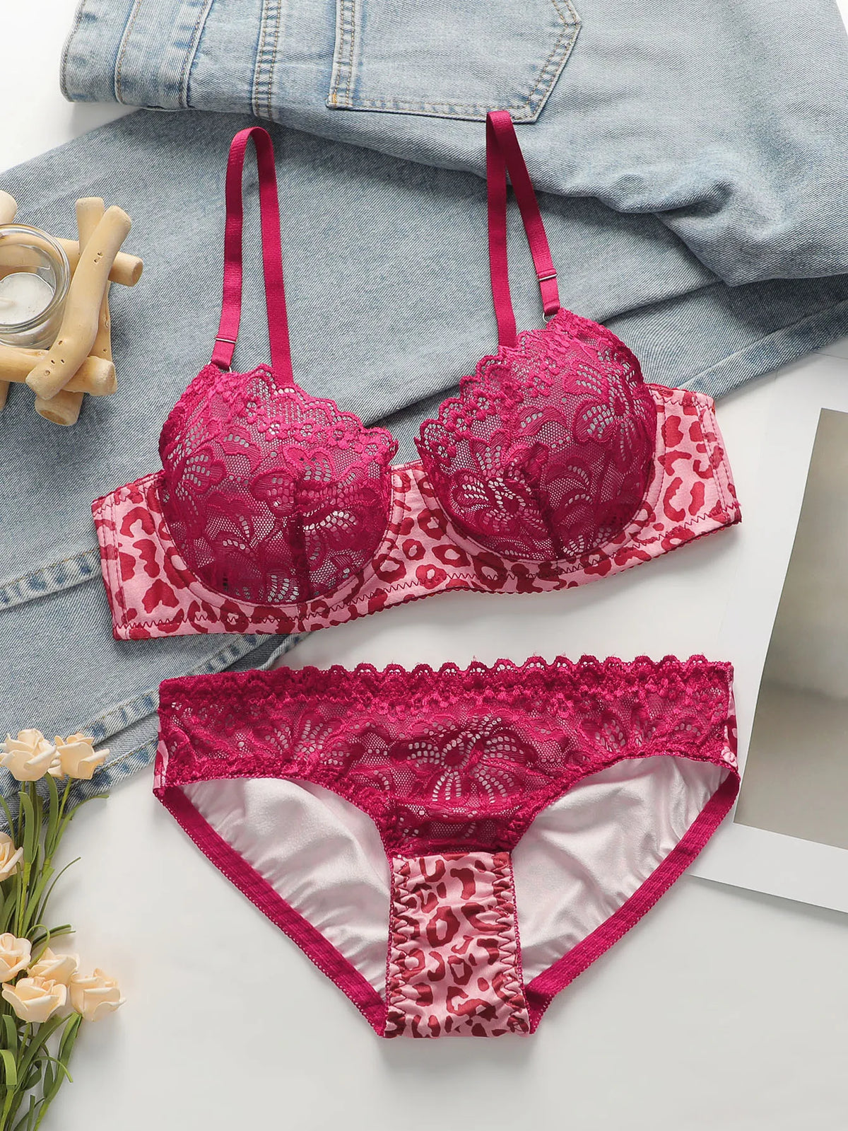 Spitze Transparente Unterwäsche Sets für Frauen Sexy Dessous Fee Stickerei Kurze Sets Zarte Rosa Leopard Push-Up Bh A3131