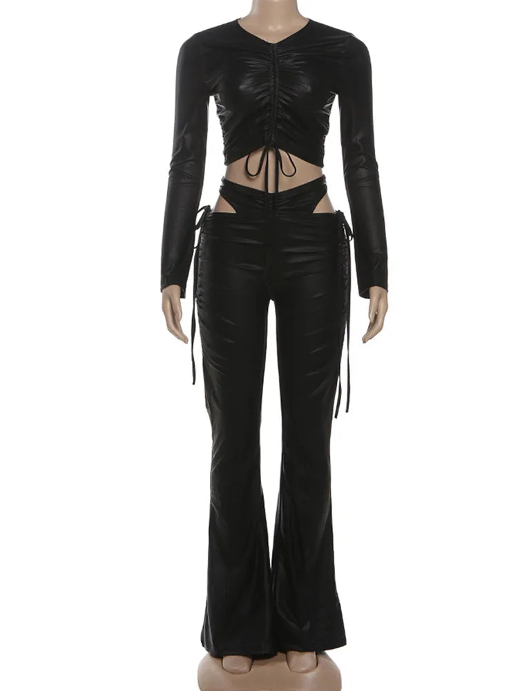 Nibber Mode 2 Stück Set Frau Geraffte Raffen Volle Hülse Crop Tops + Hohl Design Hohe Taille Lange Hose Faux leder Streetwear