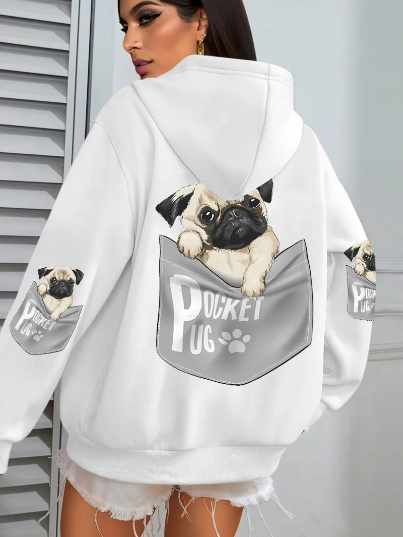 Tasche Mops Hoodies Frauen Cartoons hund Drucke Mit Kapuze Lose Taschen Sweatshirts Winter Fleece Warme Tops Straße Schwarz Frau Kleidung
