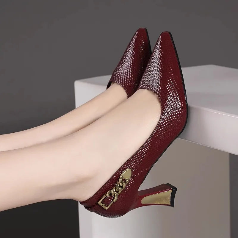 Basic Wine Snakeskin Leather Damenschuhe Stiletto High Heels Spitze Zehenpartie Damenpumps Hochzeiten Party Größe 33-42 Schuhe Frau
