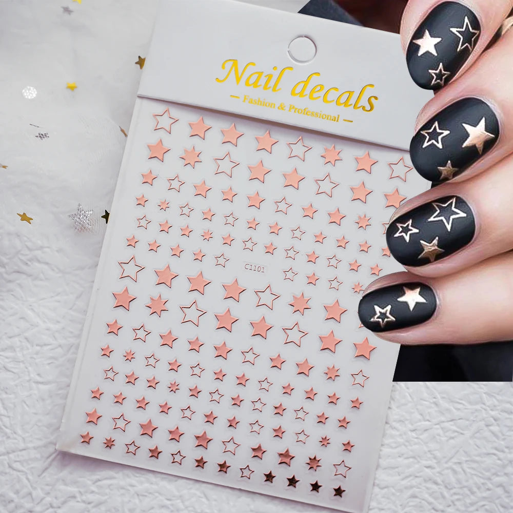 1pc 5D Y2K Gothic Metall Schwarz Silber Sterne Nagel Aufkleber Luxus Stern Nail art Aufkleber Vergoldung Hohl 5-zackigen Nagel Design Slider