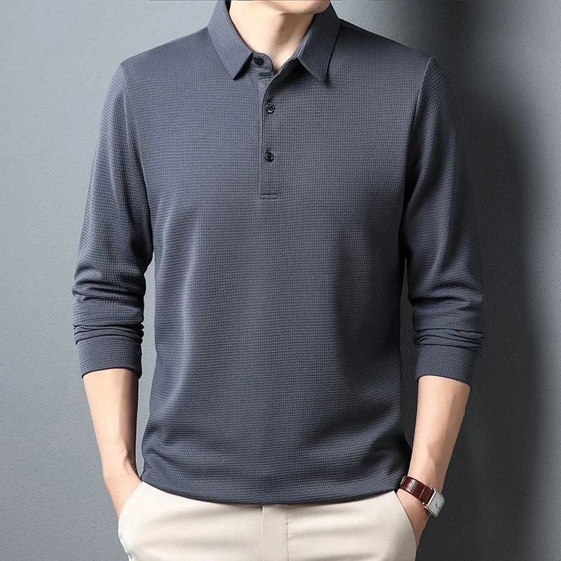 Neues Herren-Business-Mode-Casual-Langarmshirt, einfarbiges Poloshirt, modisches, atmungsaktives, bequemes, vielseitiges Oberteil