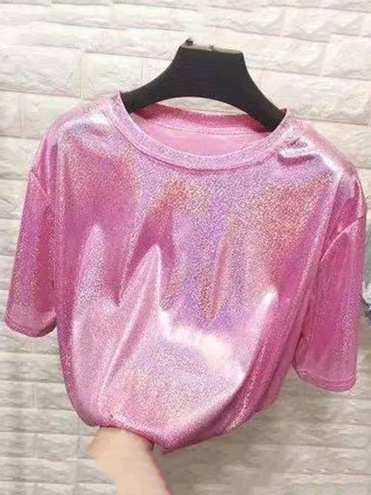 Neue sommer retro stilvolle helle seide frau tops glänzend lose kurzarm t-shirt sexy club ästhetischen harajuku frauen t-shirt