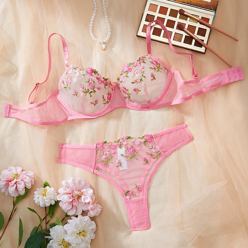 Transparente Stickerei Neue Heilan Spitze Sexy Dessous Frauen Unterwäsche Fee Kurze Set Zarte Bh Kit Push-Up Erotische Breves Sets