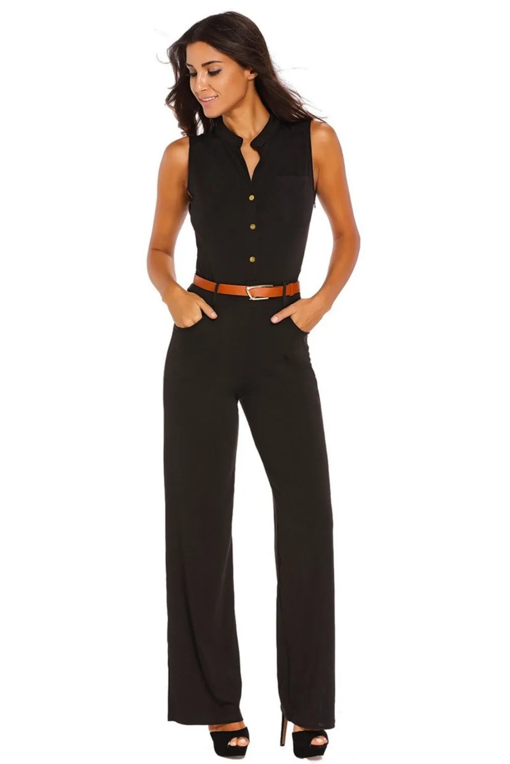 Damen Sommer-Jumpsuit Ärmellos Tiefer V-Ausschnitt Weites Bein Jumpsuit Romper Mit Gürtel