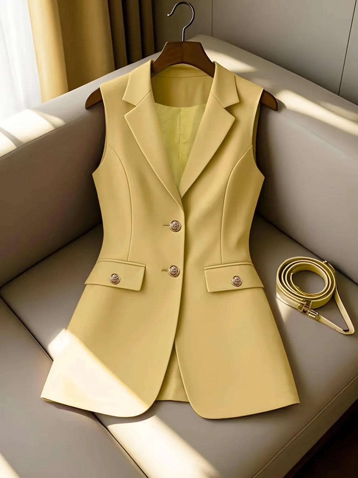 Lange Blazer-Weste für Damen, ärmellos, Reverskragen, Anzugweste mit goldenen Knöpfen für Business, Büro, Oberbekleidung, Oberteil
