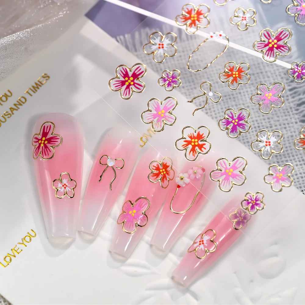 5D Luxus Gold Outline Kirschblüten Nagelaufkleber Chrom-Rahmen Schleife & Blüten Nagelsticker Selbstklebende Nagelschleifer Maniküre DIY