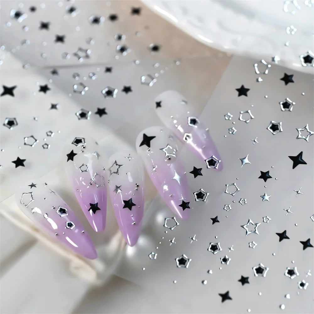 1 Stück 5D schwarze und silberne Stern-Nagelaufkleber Y2K hohler fünfzackiger Stern selbstklebende Nagelaufkleber Stern DIY Maniküre-Dekorationen11