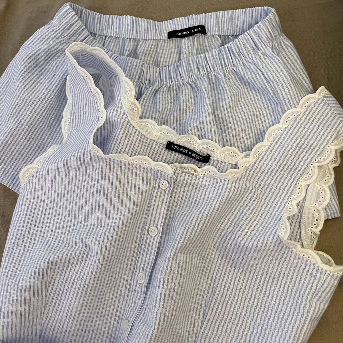 Gestreifte Damen-Pyjamas, Sommer-Nachtwäsche, ärmellose Shorts-Sets, 2-teilig, Spitzen-Nachtwäsche, Tank-Top, koreanischer Schlafanzug für zu Hause