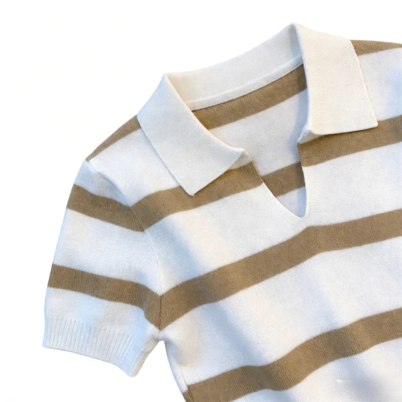 Rot-Weiß Gestreiftes Sommer-Strick-Poloshirt für Damen, Kurzarm-Hemd mit Kragen, Leichtes Elastisches Casual Tägliches Strick-Oberteil