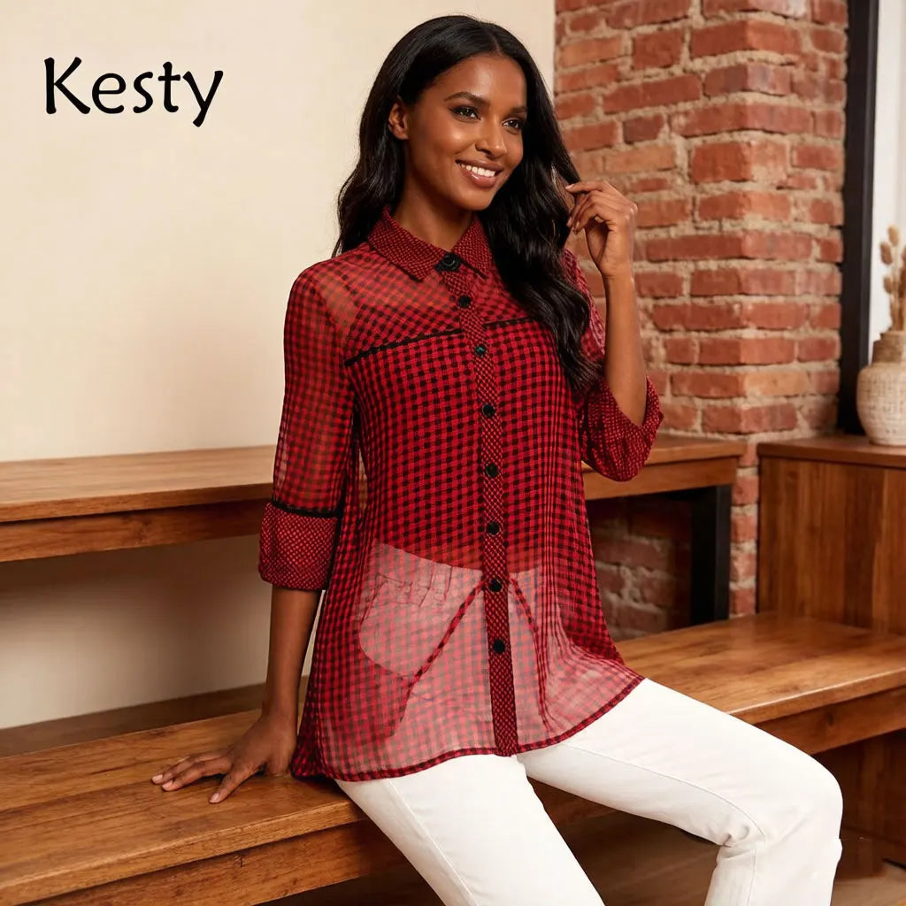 Damen Bluse mit rotem und schwarzem Karomuster, Vichy-Gingham-Mesh-Splicing-Hemd, langärmliges Chiffon-Oberteil mit kontrastierendem Besatz, lockere Passform, lässig, Sommer