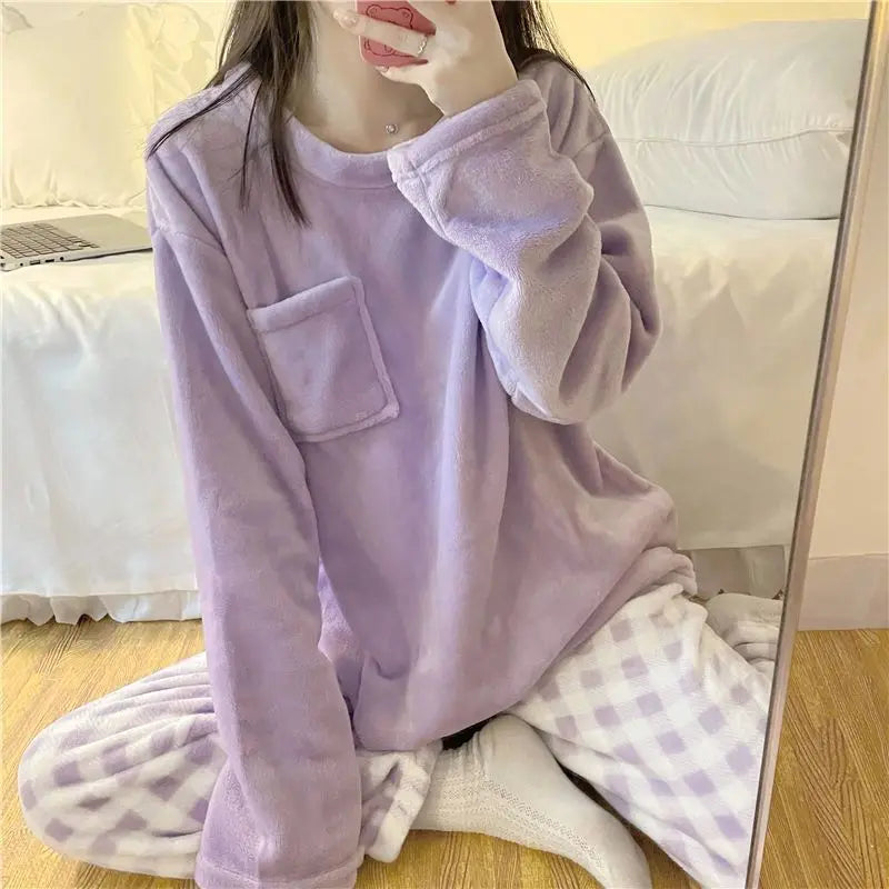 Fleece-Pyjama-Set für Damen, dick, warm, Winter-Nachtwäsche, lässig, solides Oberteil und karierte Hose, weiches Pyjama-Set für Damen, Heimanzug